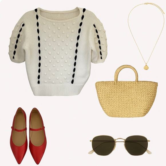 Vintage Hand Knit French Girl Preppy Coastal Short Sleeve Sweater With Pom Poms - Picture 3 of 12